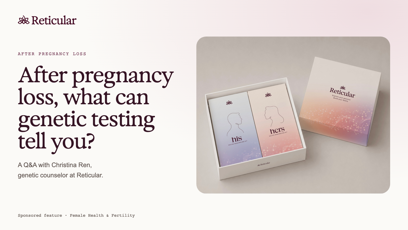 Reticular at-home collection kit beside a genetic-testing Q&A headline.