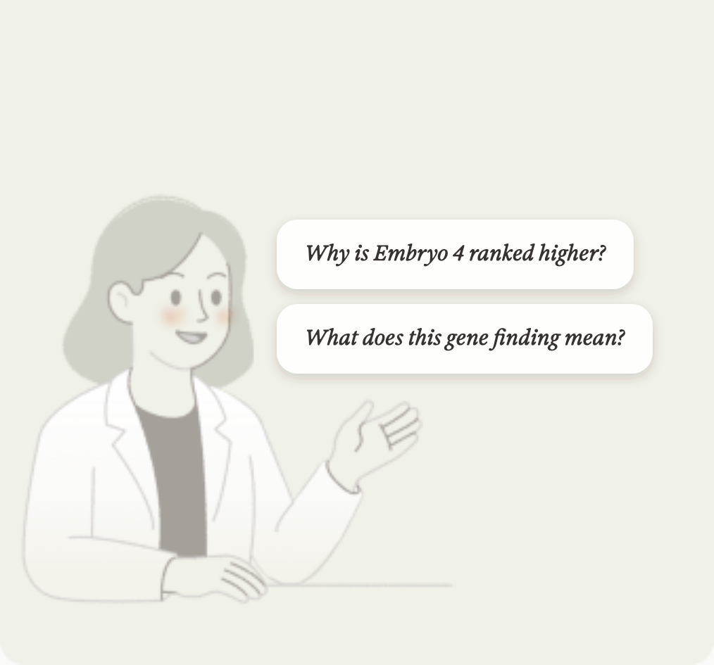 Genetic counselor explaining a report, asked why one embryo ranked higher and what a gene finding means.