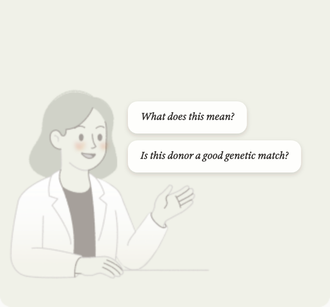 Genetic counselor answering what a result means and whether a donor is a good genetic match.