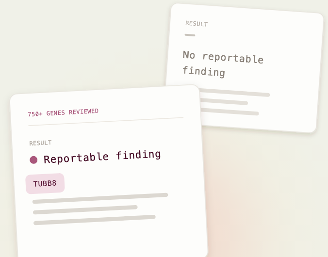 Illustrative panel results: one card with a reportable finding, one with no reportable finding.